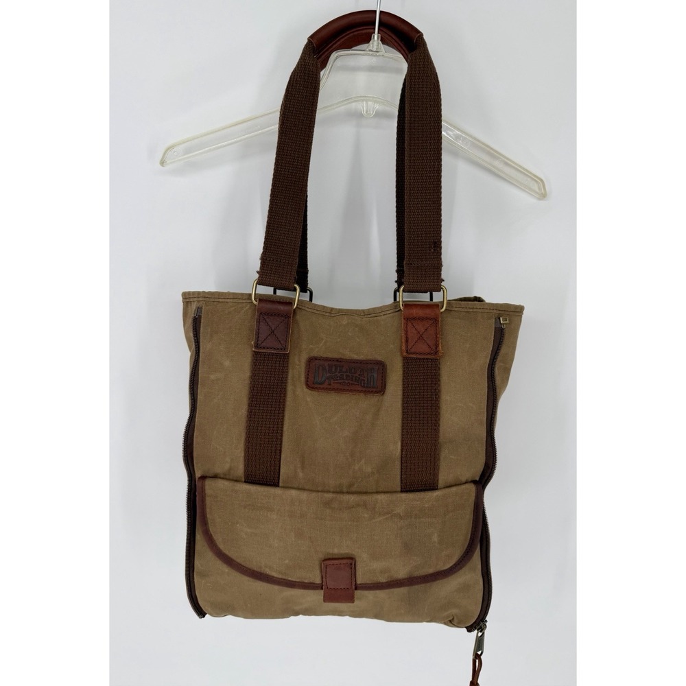 Duluth Trading Co Oil Cloth Canvas Leather Trim Tote Bag Rucksack Mens Expands